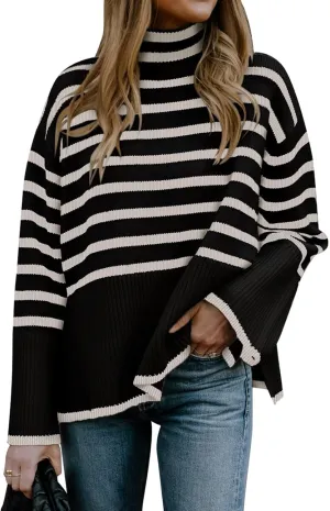 Women's Pullover Sweaters Turtleneck Long Sleeve Striped Side Slit Casual Loose fit Ribbed Knit Jumper Tops