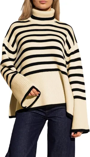 Women's Pullover Sweaters Turtleneck Long Sleeve Striped Side Slit Casual Loose fit Ribbed Knit Jumper Tops