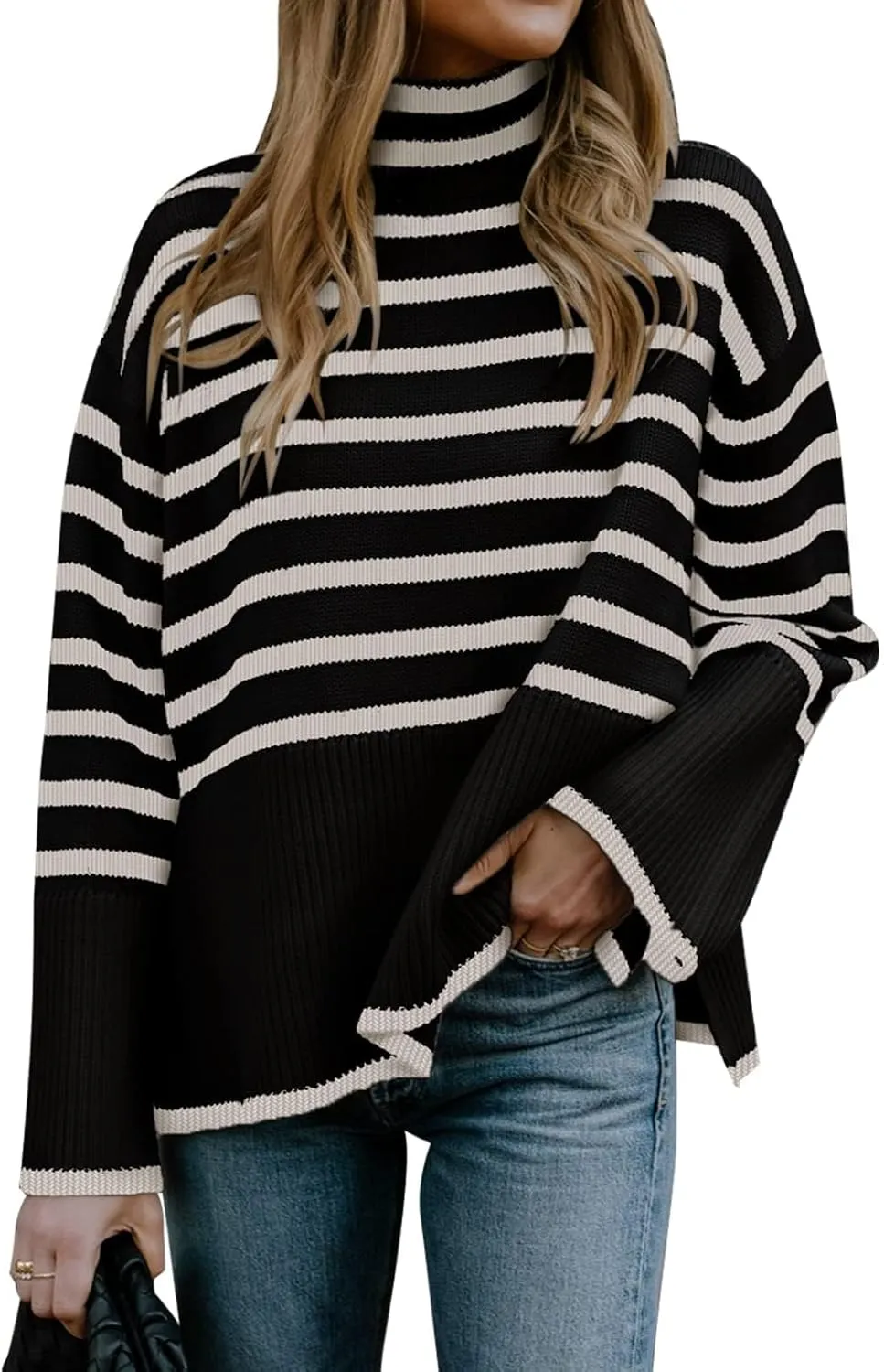 Women's Pullover Sweaters Turtleneck Long Sleeve Striped Side Slit Casual Loose fit Ribbed Knit Jumper Tops