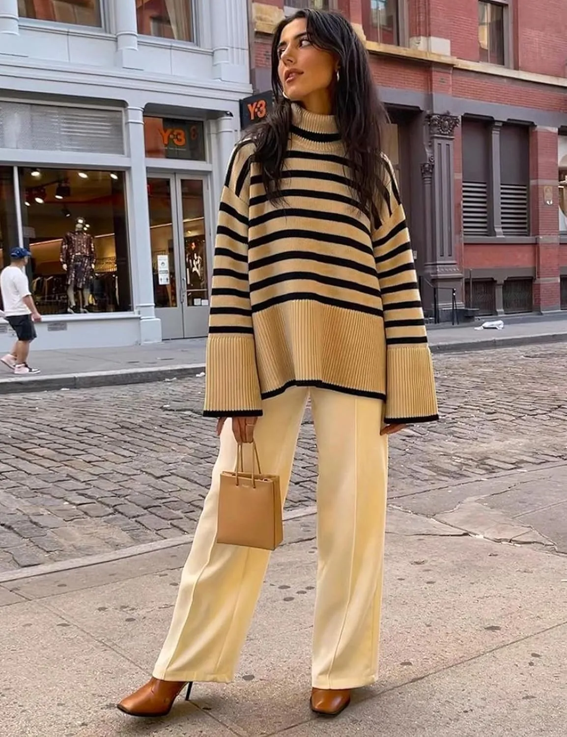 Women's Pullover Sweaters Turtleneck Long Sleeve Striped Side Slit Casual Loose fit Ribbed Knit Jumper Tops