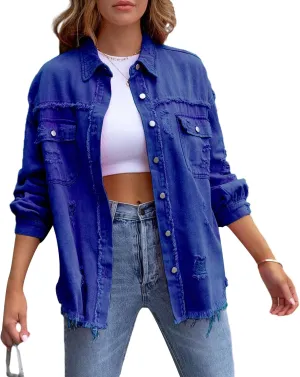 Women's Ripped Jacket 2024 Long Sleeve Button Down Boyfriend Distressed Jean Coat Trucker Jacket