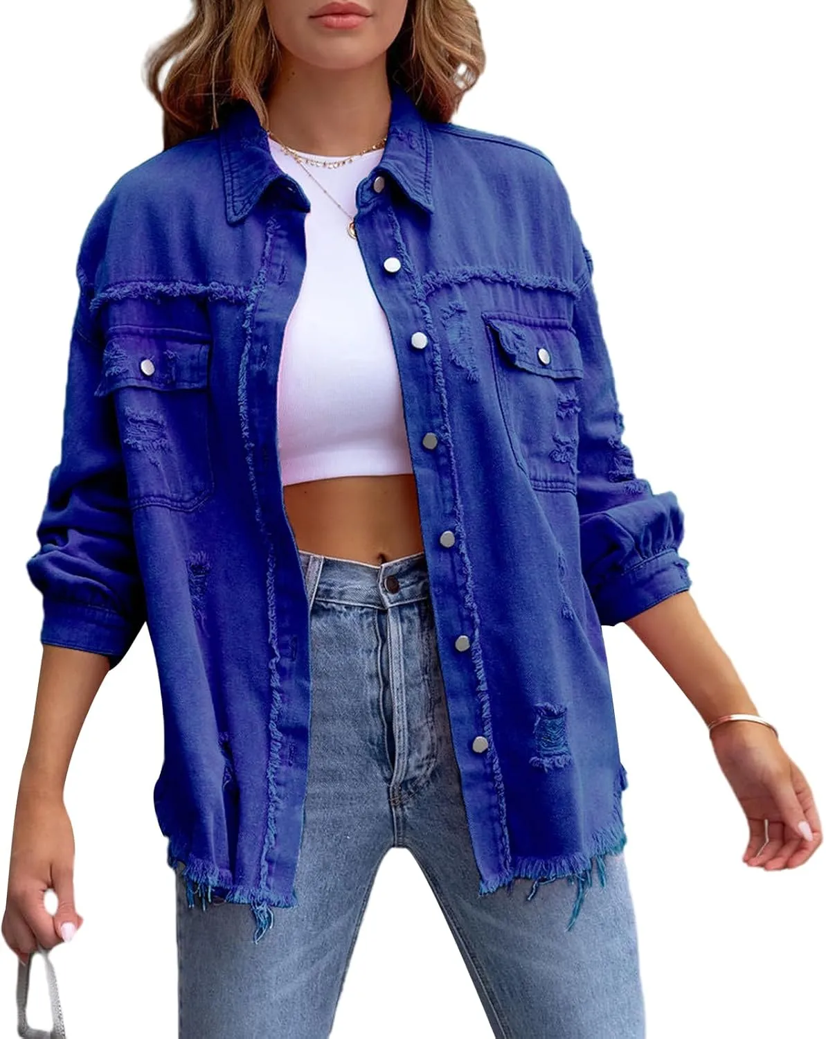 Women's Ripped Jacket 2024 Long Sleeve Button Down Boyfriend Distressed Jean Coat Trucker Jacket
