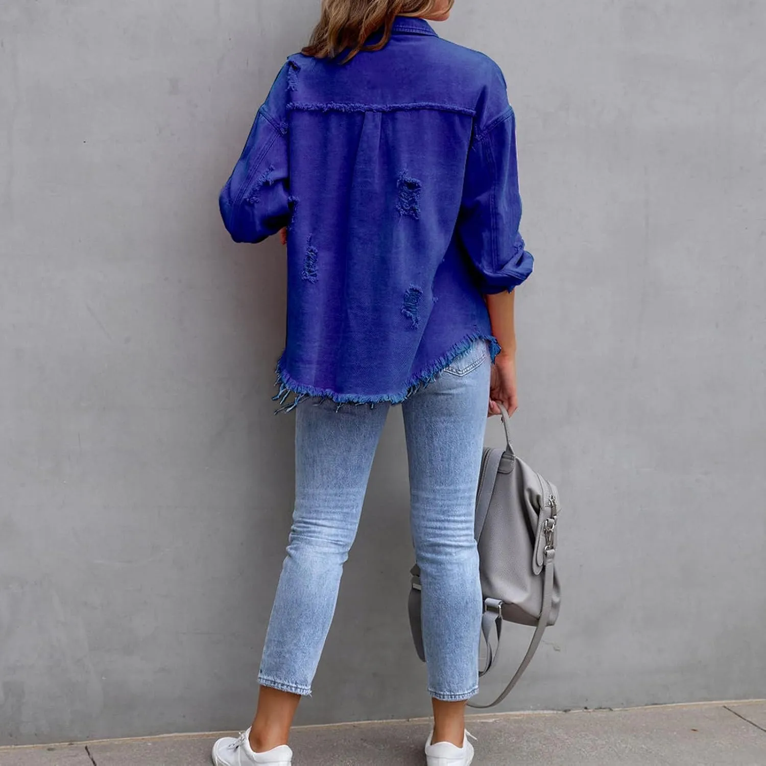 Women's Ripped Jacket 2024 Long Sleeve Button Down Boyfriend Distressed Jean Coat Trucker Jacket