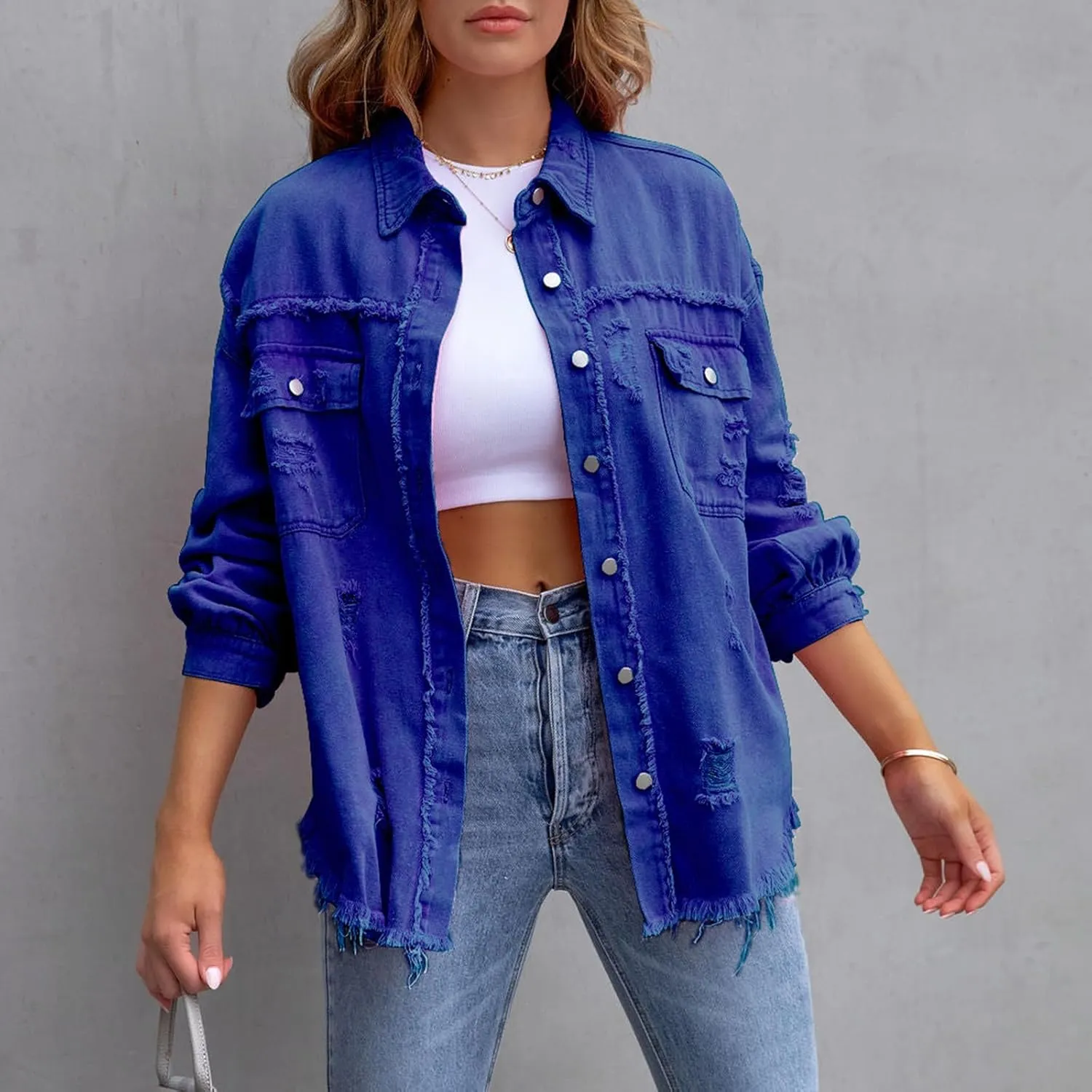 Women's Ripped Jacket 2024 Long Sleeve Button Down Boyfriend Distressed Jean Coat Trucker Jacket
