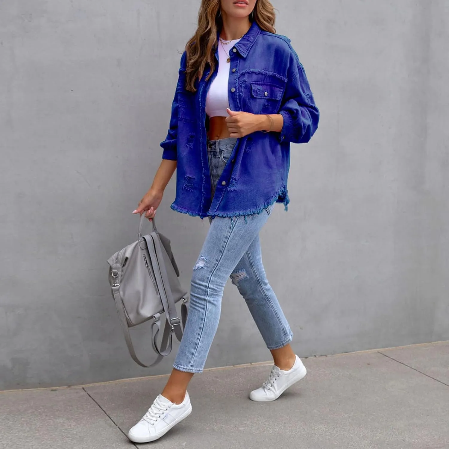 Women's Ripped Jacket 2024 Long Sleeve Button Down Boyfriend Distressed Jean Coat Trucker Jacket