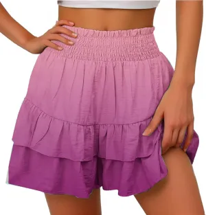 Womens Ruffle Short Skirt 2025 Summer Stretchy Smock Waist Gradient Leisure Skirt Park Workout Casual Yoga Sportswear