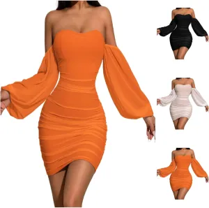 Women's Sexy Elegant Ruffle Long Sleeve Off Shoulder Bodycon Ruched Mini Cocktail Party Dress