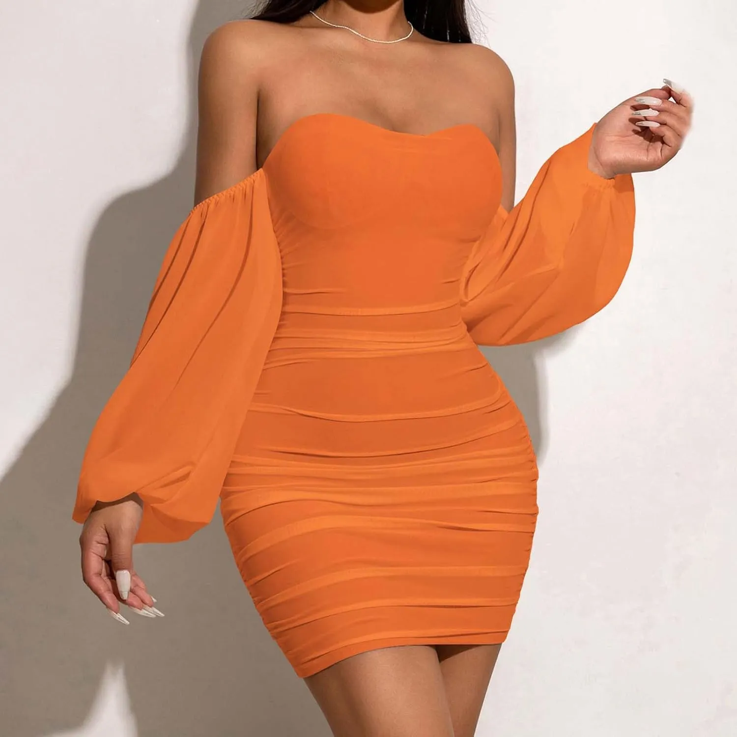 Women's Sexy Elegant Ruffle Long Sleeve Off Shoulder Bodycon Ruched Mini Cocktail Party Dress