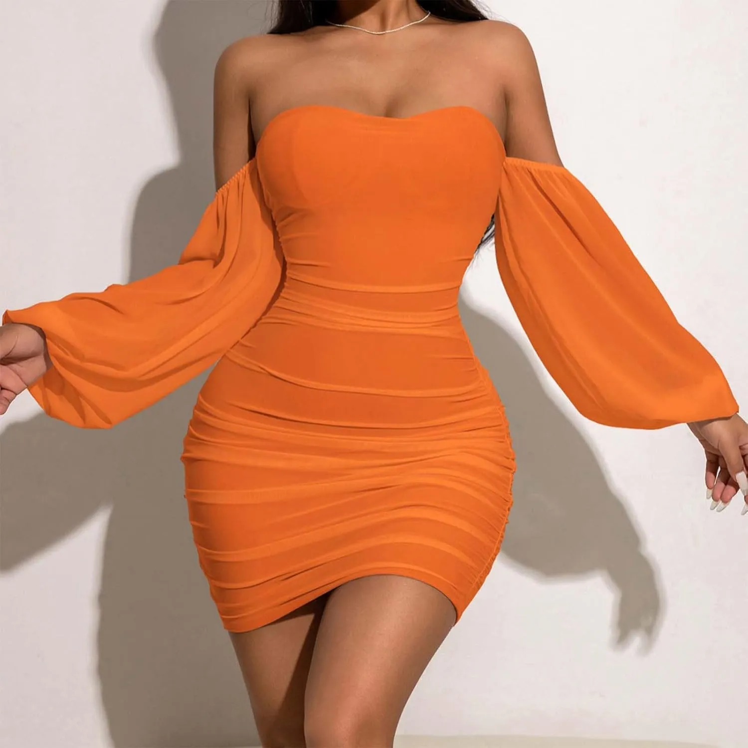 Women's Sexy Elegant Ruffle Long Sleeve Off Shoulder Bodycon Ruched Mini Cocktail Party Dress