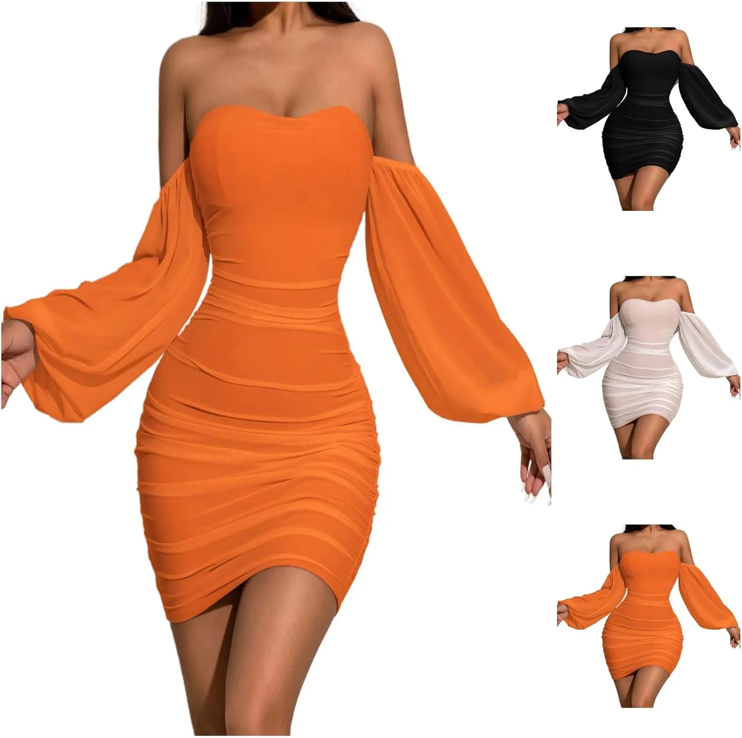 Women's Sexy Elegant Ruffle Long Sleeve Off Shoulder Bodycon Ruched Mini Cocktail Party Dress