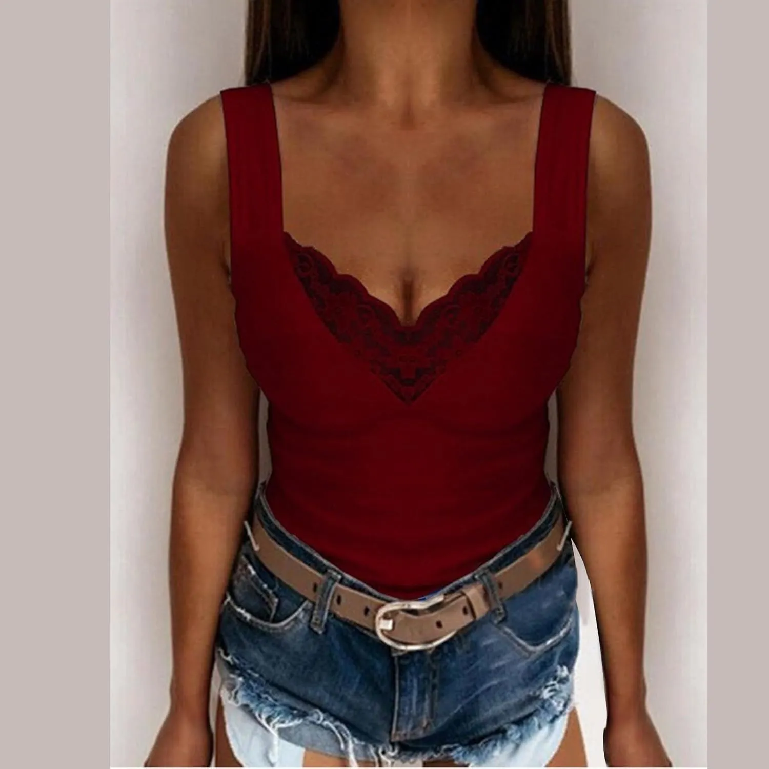 Women's Sexy Lace Camisole Tank Tops 2025 Summer V Neck Solid Color Vest Slim Fit Seamless Shirts