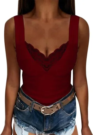 Women's Sexy Lace Camisole Tank Tops 2025 Summer V Neck Solid Color Vest Slim Fit Seamless Shirts