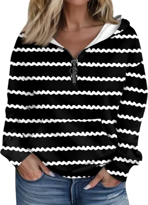 Womens Shirts Casual Quarter Zip Hoodie Pullover Striped Sweaters Trendy Long Sleeve Knitted Sweatshirt Casual Sweater Tops