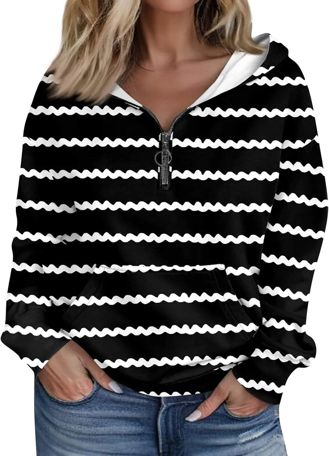Womens Shirts Casual Quarter Zip Hoodie Pullover Striped Sweaters Trendy Long Sleeve Knitted Sweatshirt Casual Sweater Tops