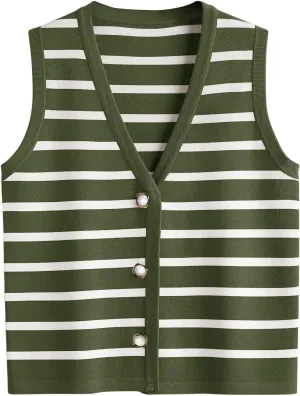 Women's Sleeveless Striped Sweater Vest Cropped Button Down Knit Vest Tops 2025 Trendy Outfits