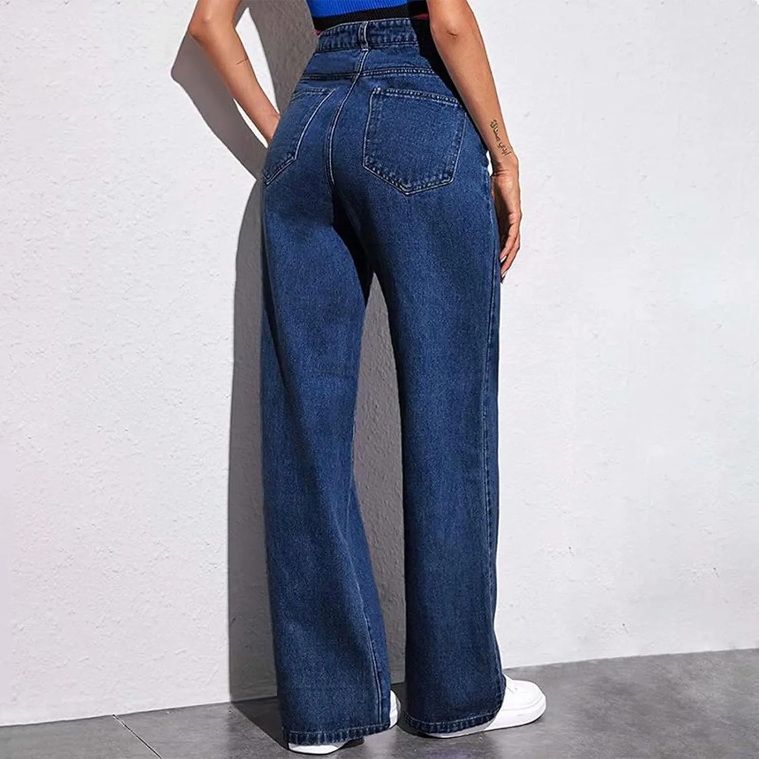 Womens Straight Wide Leg Jean 2025 Trendy High Waiste Button Denim Pants Daily Running Exercise Sports Casual Trouser