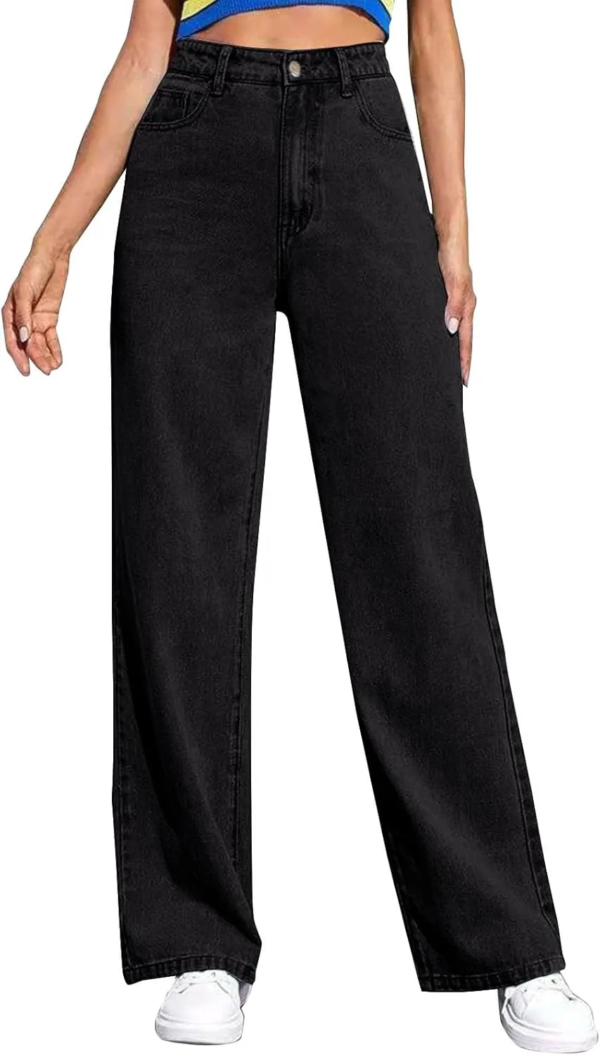 Womens Straight Wide Leg Jean 2025 Trendy High Waiste Button Denim Pants Daily Running Exercise Sports Casual Trouser