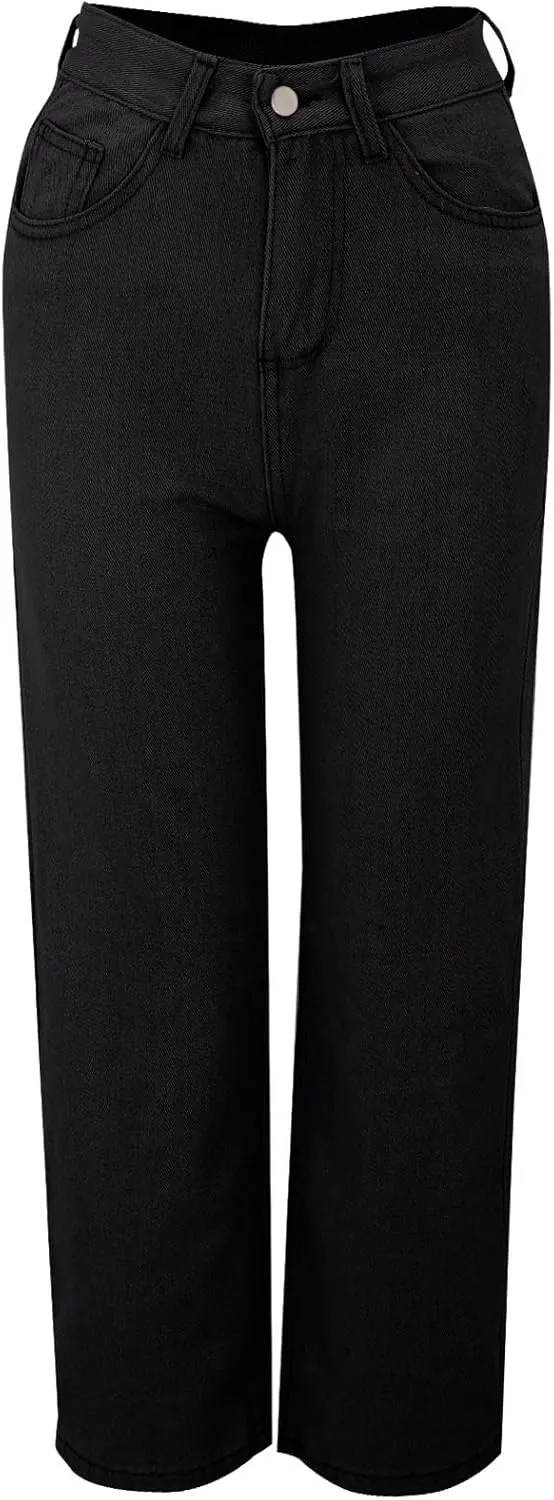 Womens Straight Wide Leg Jean 2025 Trendy High Waiste Button Denim Pants Daily Running Exercise Sports Casual Trouser