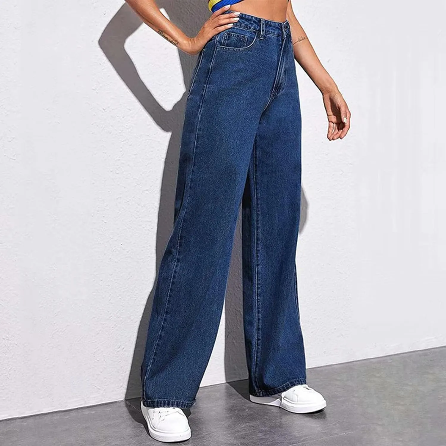 Womens Straight Wide Leg Jean 2025 Trendy High Waiste Button Denim Pants Daily Running Exercise Sports Casual Trouser
