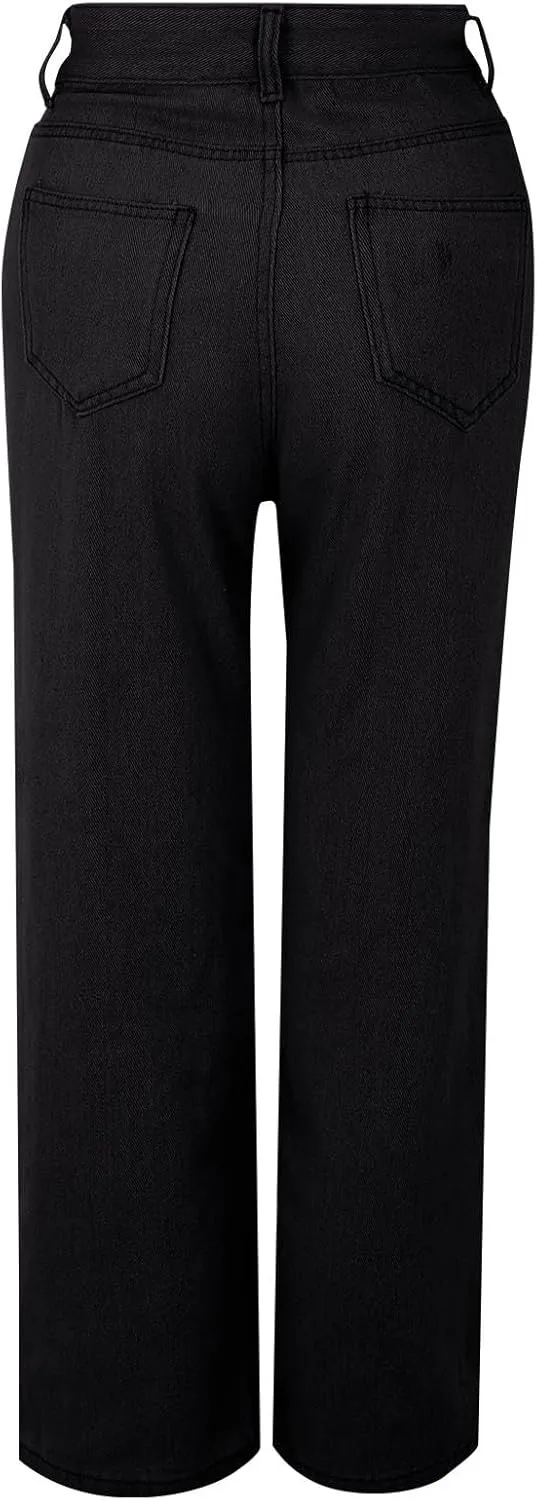 Womens Straight Wide Leg Jean 2025 Trendy High Waiste Button Denim Pants Daily Running Exercise Sports Casual Trouser