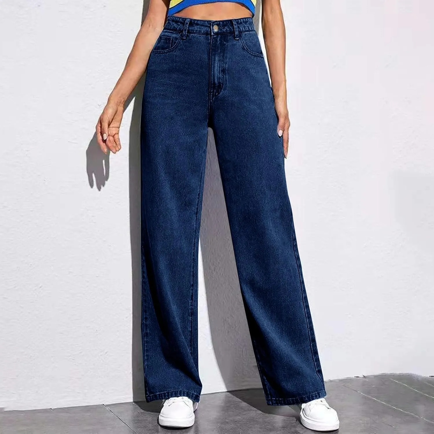 Womens Straight Wide Leg Jean 2025 Trendy High Waiste Button Denim Pants Daily Running Exercise Sports Casual Trouser