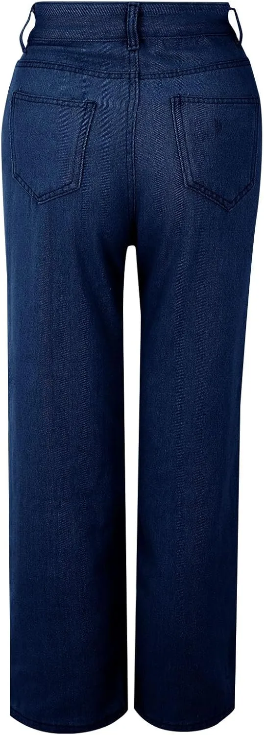 Womens Straight Wide Leg Jean 2025 Trendy High Waiste Button Denim Pants Daily Running Exercise Sports Casual Trouser