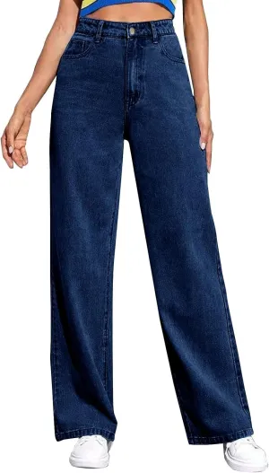 Womens Straight Wide Leg Jean 2025 Trendy High Waiste Button Denim Pants Daily Running Exercise Sports Casual Trouser