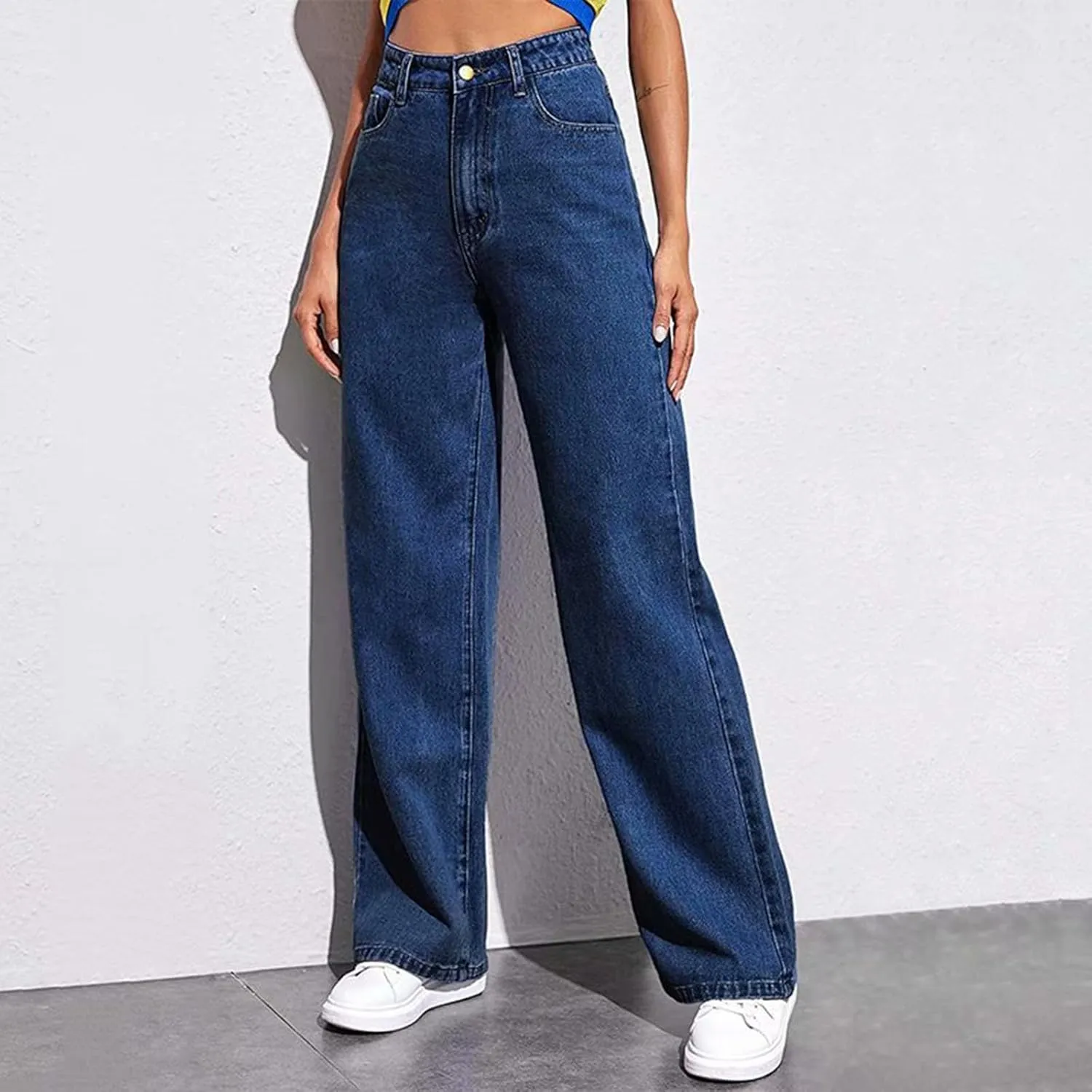Womens Straight Wide Leg Jean 2025 Trendy High Waiste Button Denim Pants Daily Running Exercise Sports Casual Trouser
