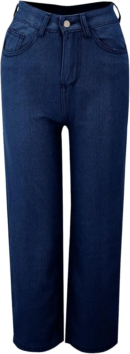 Womens Straight Wide Leg Jean 2025 Trendy High Waiste Button Denim Pants Daily Running Exercise Sports Casual Trouser