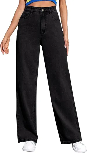 Womens Straight Wide Leg Jean 2025 Trendy High Waiste Button Denim Pants Daily Running Exercise Sports Casual Trouser