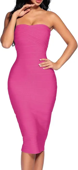Women's Strapless Bandage Dress Celebrity Midi Evening Party Bodycon Dresses