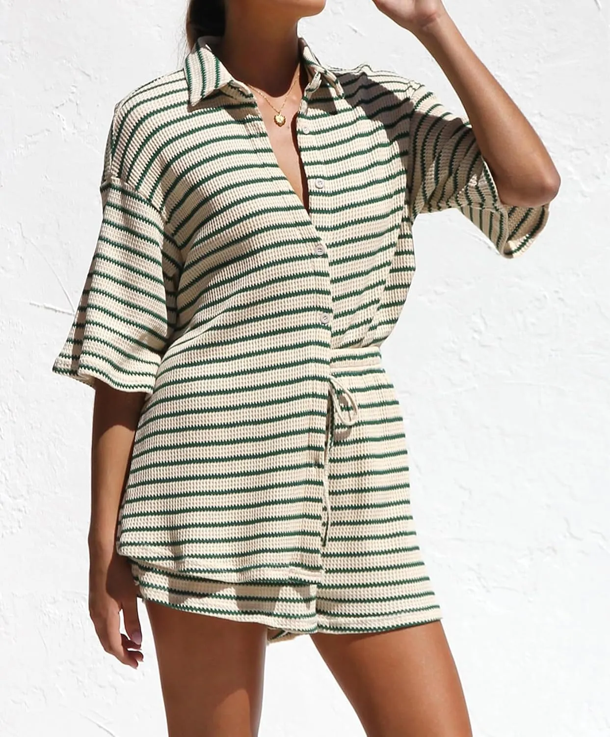 Womens Striped Shorts Set 2 Piece Waffle Knit Lounge Set Button Down Shirt and Shorts Set Tracksuit