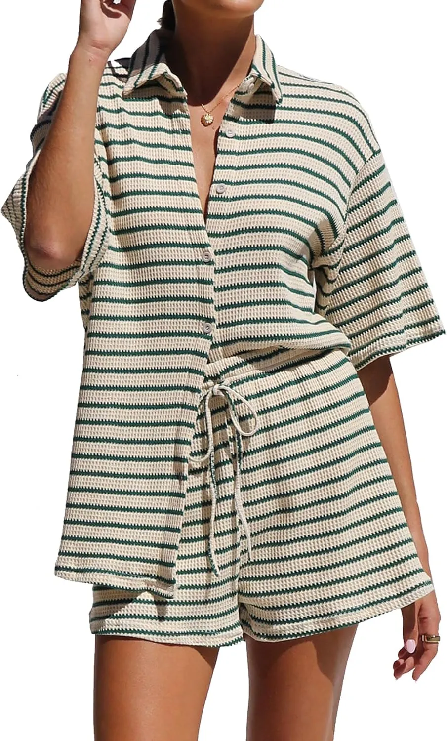 Womens Striped Shorts Set 2 Piece Waffle Knit Lounge Set Button Down Shirt and Shorts Set Tracksuit