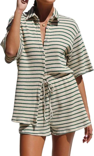 Womens Striped Shorts Set 2 Piece Waffle Knit Lounge Set Button Down Shirt and Shorts Set Tracksuit