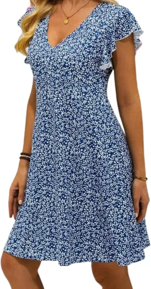 Women's Summer Casual Cap Sleeve Mini Dress V-Neck Ditsy Floral Waist-Hugging Shift Dress 2025 Travel Vacation Outfit