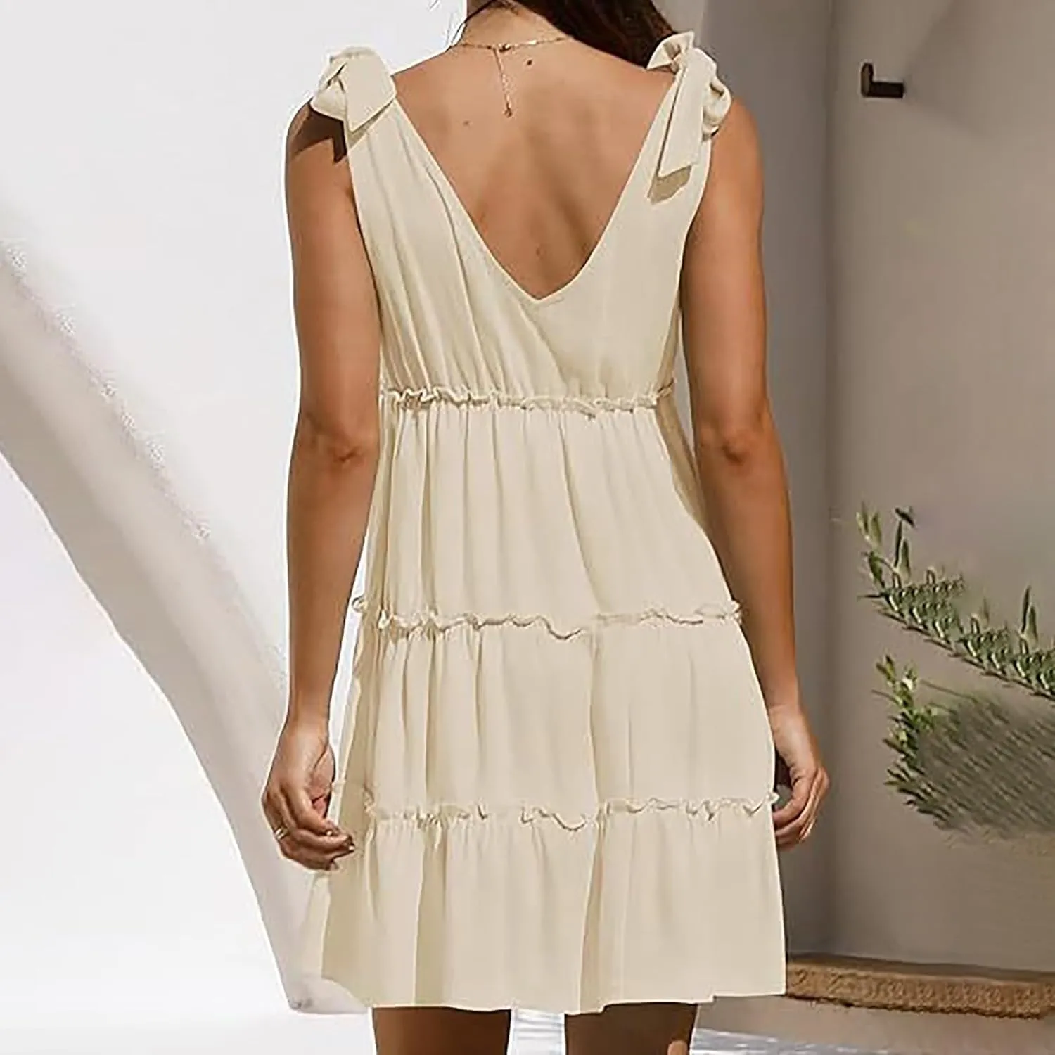 Womens Summer Casual Dress 2024 Tie Shoulder Tiered Sleeveless Mini Dress Ruffle V Neck A Line Swing Short