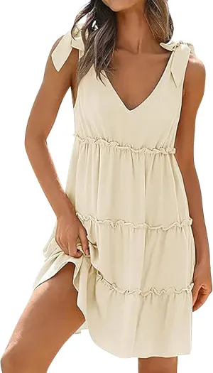 Womens Summer Casual Dress 2024 Tie Shoulder Tiered Sleeveless Mini Dress Ruffle V Neck A Line Swing Short