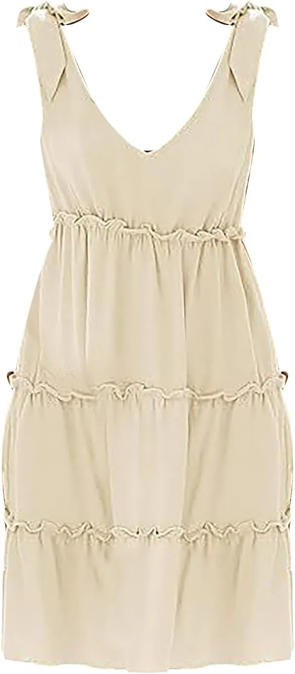 Womens Summer Casual Dress 2024 Tie Shoulder Tiered Sleeveless Mini Dress Ruffle V Neck A Line Swing Short