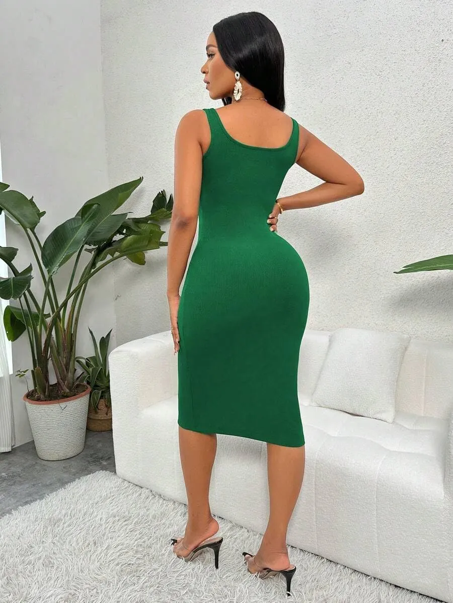 Women's Summer Dress Bodycon Ribbed Tank Dress Button Up Casual Midi Dress Slim Fit