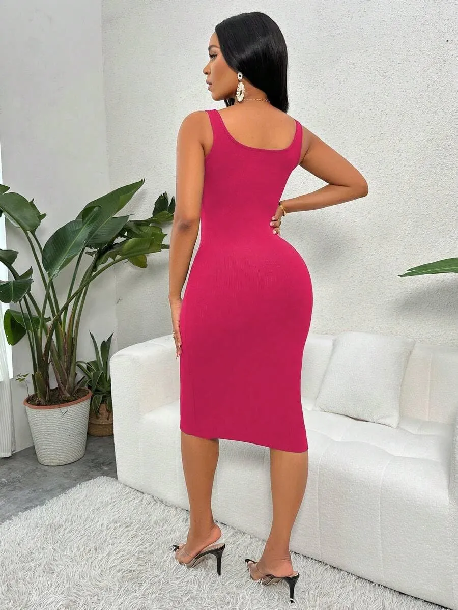 Women's Summer Dress Bodycon Ribbed Tank Dress Button Up Casual Midi Dress Slim Fit