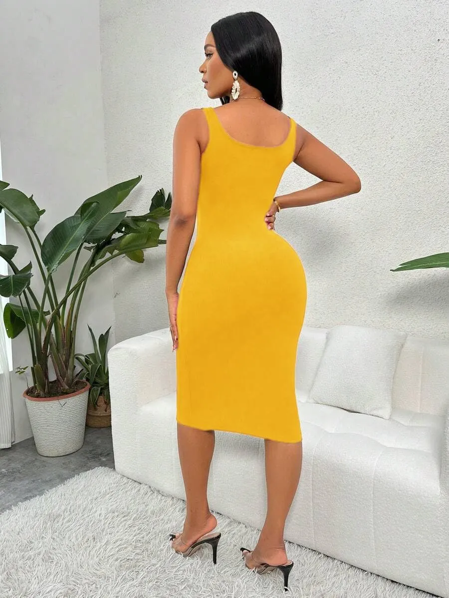 Women's Summer Dress Bodycon Ribbed Tank Dress Button Up Casual Midi Dress Slim Fit