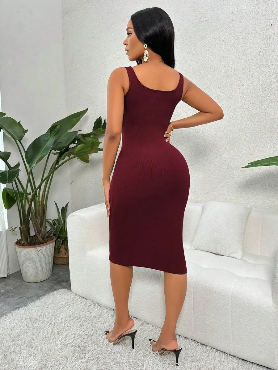 Women's Summer Dress Bodycon Ribbed Tank Dress Button Up Casual Midi Dress Slim Fit