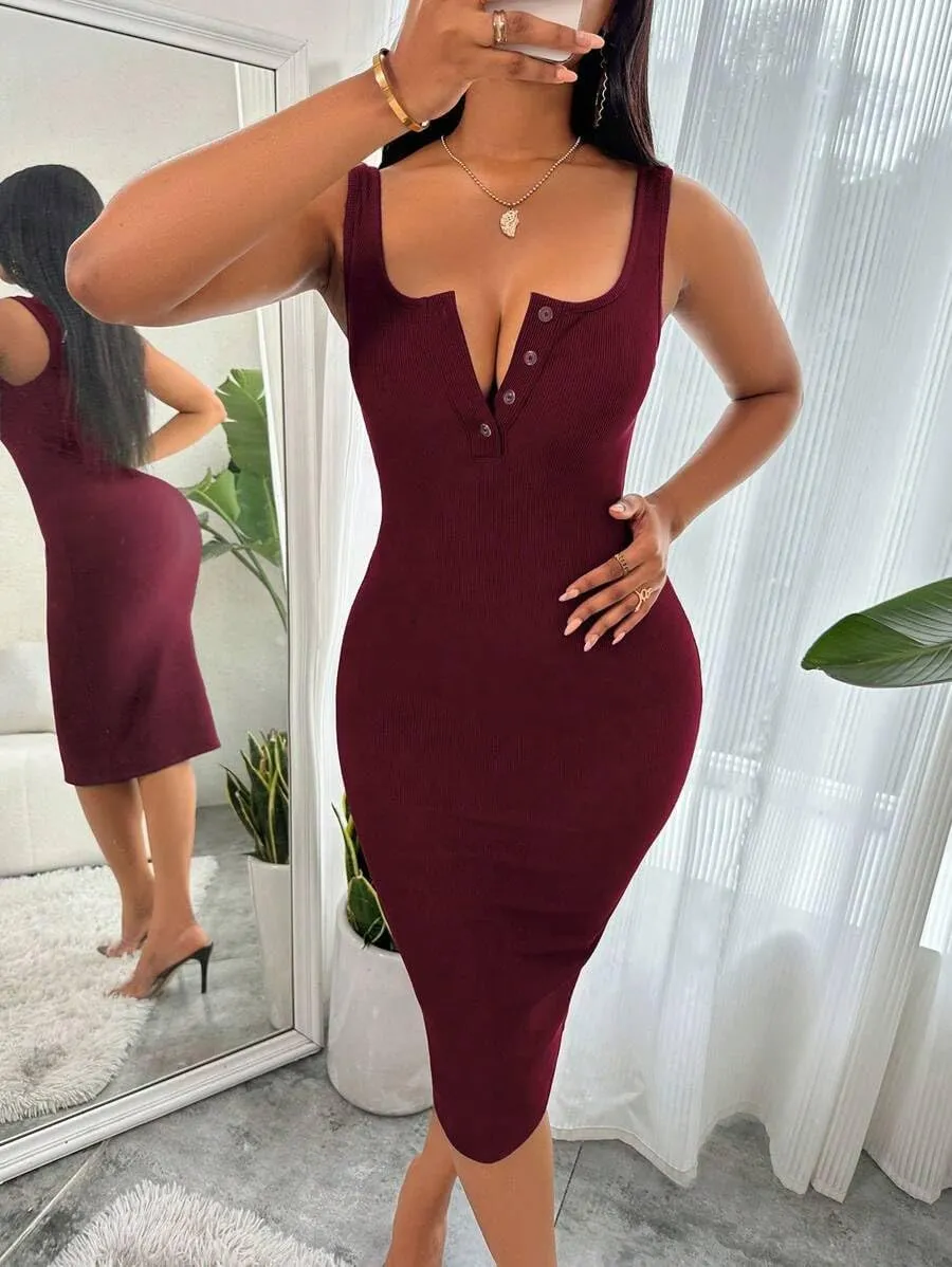 Women's Summer Dress Bodycon Ribbed Tank Dress Button Up Casual Midi Dress Slim Fit
