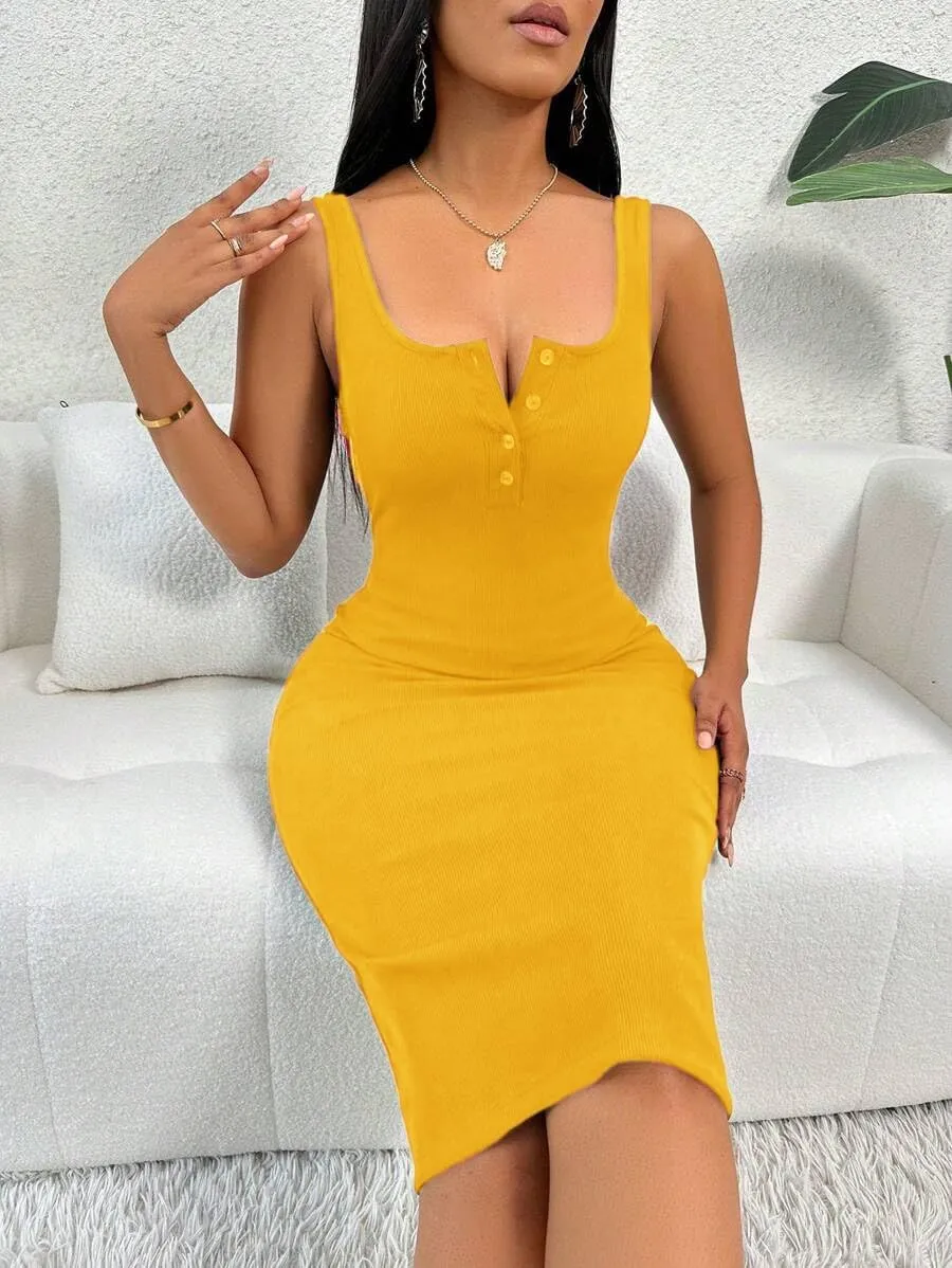 Women's Summer Dress Bodycon Ribbed Tank Dress Button Up Casual Midi Dress Slim Fit
