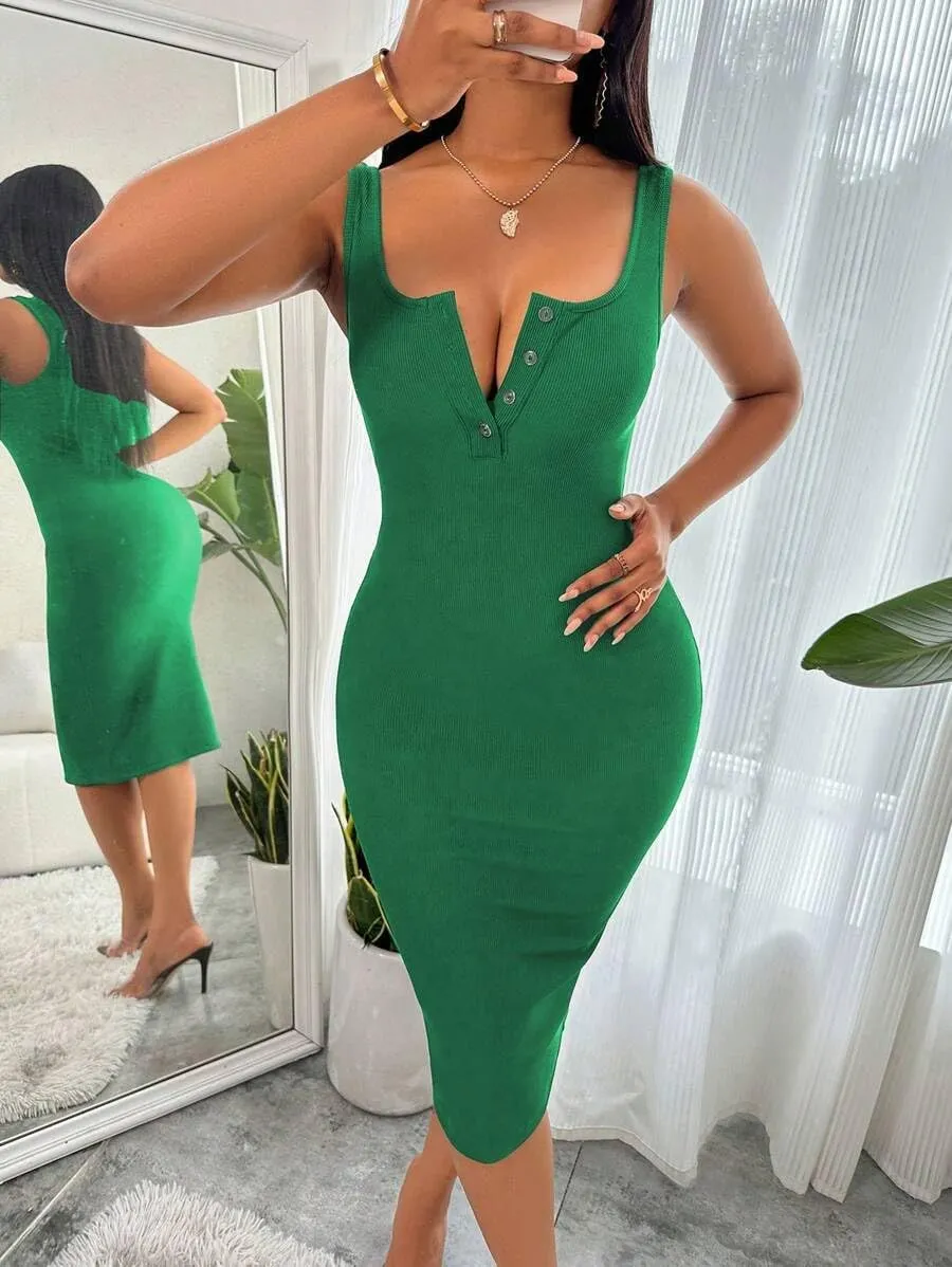 Women's Summer Dress Bodycon Ribbed Tank Dress Button Up Casual Midi Dress Slim Fit