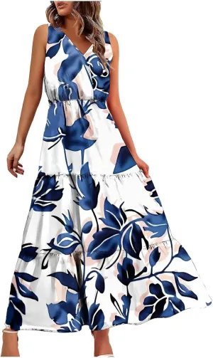 Womens Summer Dresses Casual Sleeveless Long Maxi Dress V Neck A-Line Dress Boho Floral Sundress Wedding Guest Dress