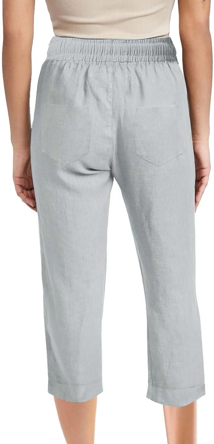 Womens Summer Linen Capri Pants 3/4 Length Flowy High Waisted Stretch Trouser Cotton Linen Athletic Casual Sweatpants