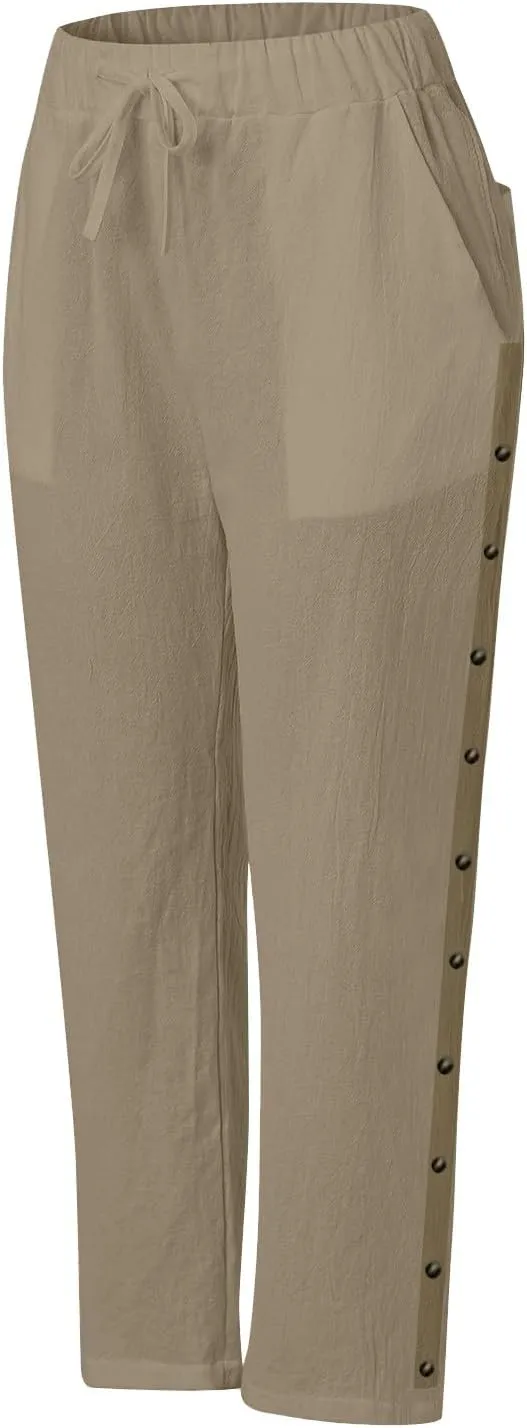 Women's Summer Linen Casual Pants Stretchy Waistband Side Button Down Trouser Stylish Outdoor Travel Home Lounge Pant