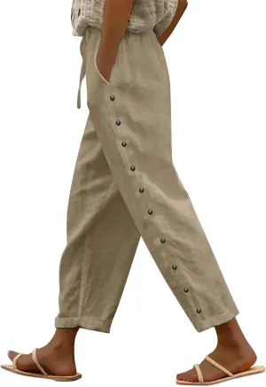 Women's Summer Linen Casual Pants Stretchy Waistband Side Button Down Trouser Stylish Outdoor Travel Home Lounge Pant