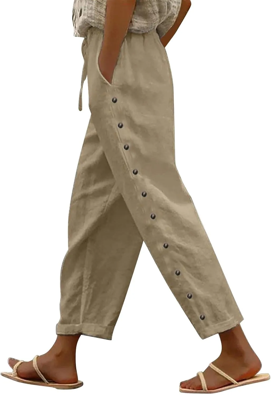 Women's Summer Linen Casual Pants Stretchy Waistband Side Button Down Trouser Stylish Outdoor Travel Home Lounge Pant